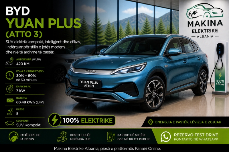 BYD YUAN PLUS (ATTO 3), makinë elektrike SUV kompakte me teknologji moderne dhe autonomi të mirë, ideale për përdorim të përditshëm, familje, biznes dhe udhëtime me komfort dhe efikasitet.