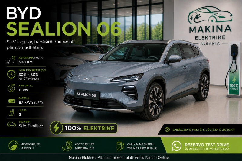 BYD SEALION 06, makinë elektrike SUV moderne me hapësirë dhe autonomi të lartë, ideale për përdorim të përditshëm, familje, biznes dhe udhëtime të gjata me komfort maksimal.
