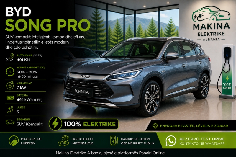 BYD SONG PRO, makinë elektrike SUV kompakte dhe ekonomike, ideale për përdorim të përditshëm në qytet, familje, biznes dhe lëvizje komode me kosto të ulët.