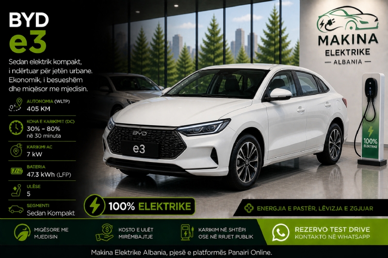 BYD e3, makinë elektrike sedan ekonomike dhe praktike, ideale për përdorim të përditshëm në qytet, taxi, biznes dhe transport pasagjerësh me kosto minimale.