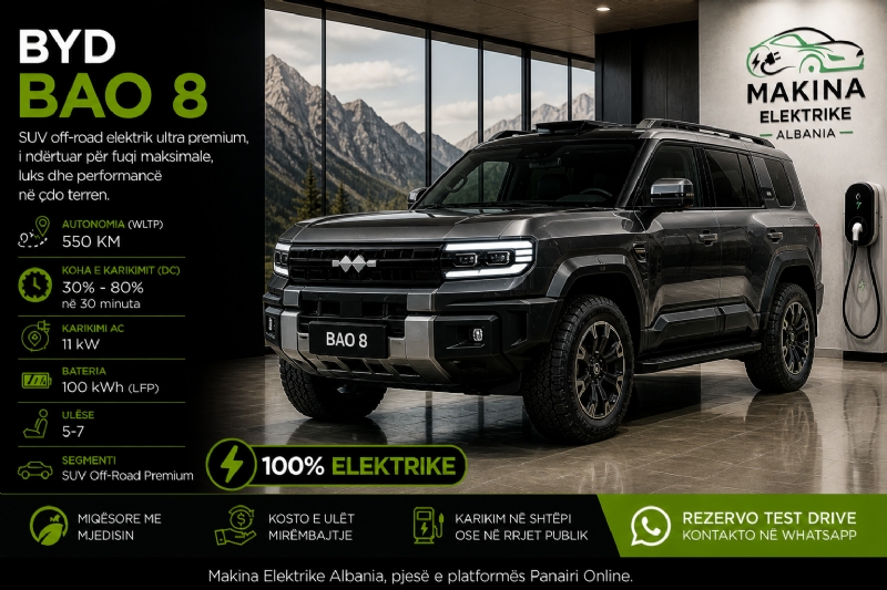 BAO 8 (FANGCHENG BAO), makinë elektrike SUV off-road premium me fuqi të lartë dhe teknologji të avancuar, ideale për terrene të vështira, aventura, biznes dhe përdorim ekstrem.